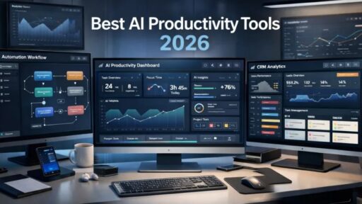 Best AI Productivity Tools dashboard showing modern AI software for workflow automation and workplace efficiency.