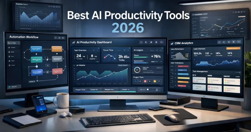 Best AI Productivity Tools dashboard showing modern AI software for workflow automation and workplace efficiency.