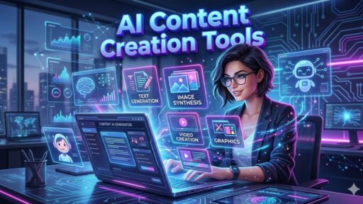 Best AI Tools for Content Creation dashboard showing AI writing, image generation, video creation, audio production, marketing automation, and content optimization tools in 2026