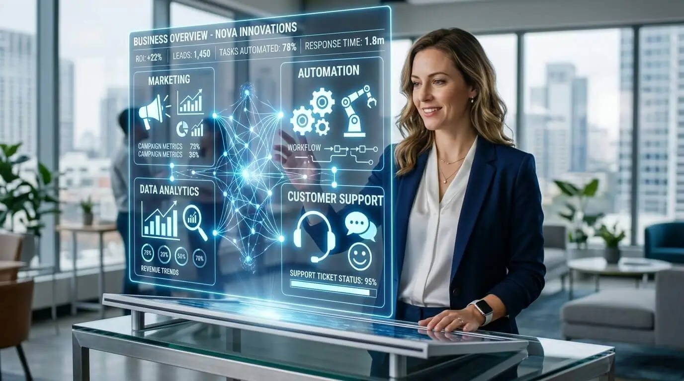 Best AI Tools for Small Businesses dashboard showing AI software for business productivity and workflow automation.
