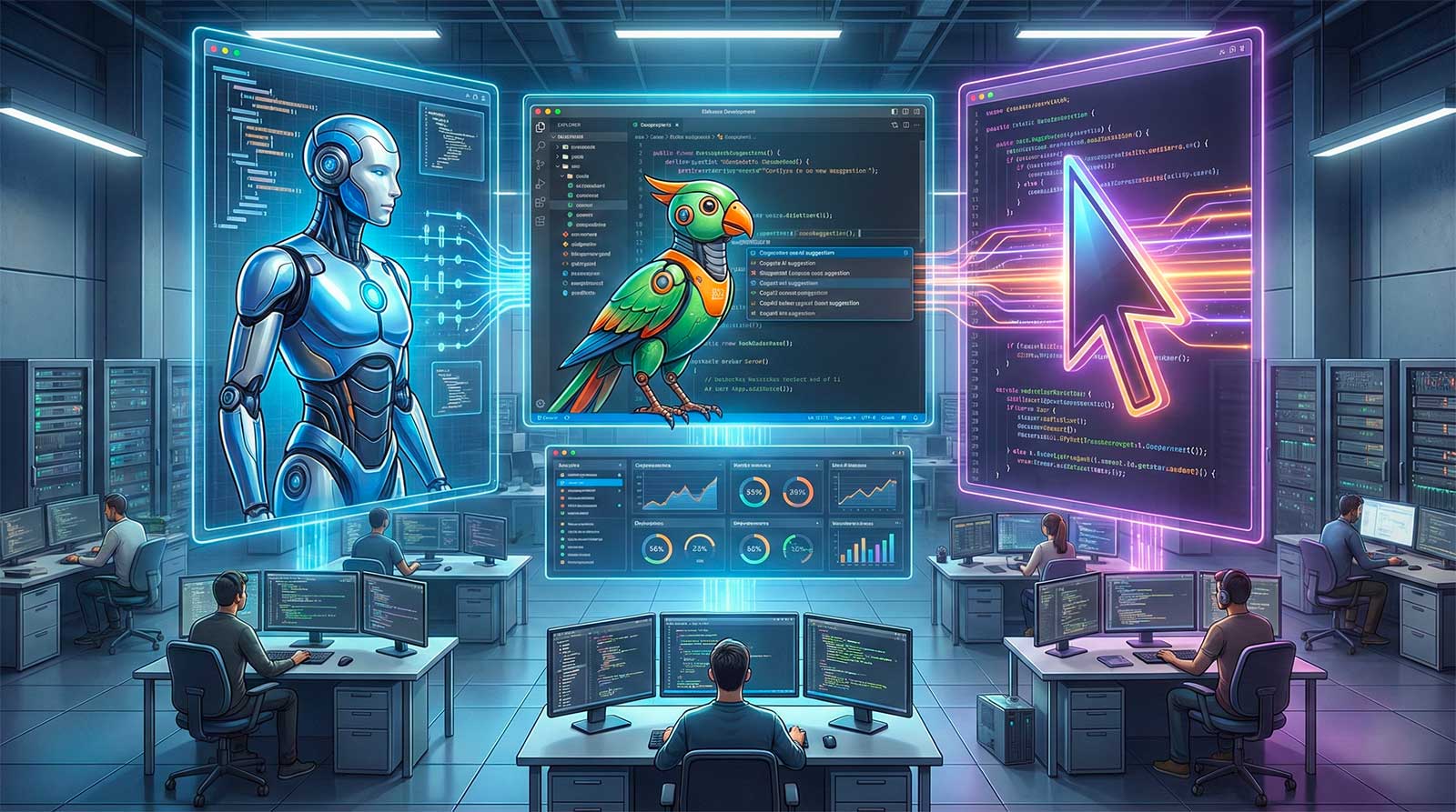 Best AI Coding Assistants in 2026 comparison featuring GitHub Copilot, Cursor, Windsurf, Claude Code, Gemini Code Assist, Amazon Q Developer, Tabnine, Codeium, Replit AI, and Bolt.new for AI programming, code generation, debugging, pair programming, software development, and developer productivity.